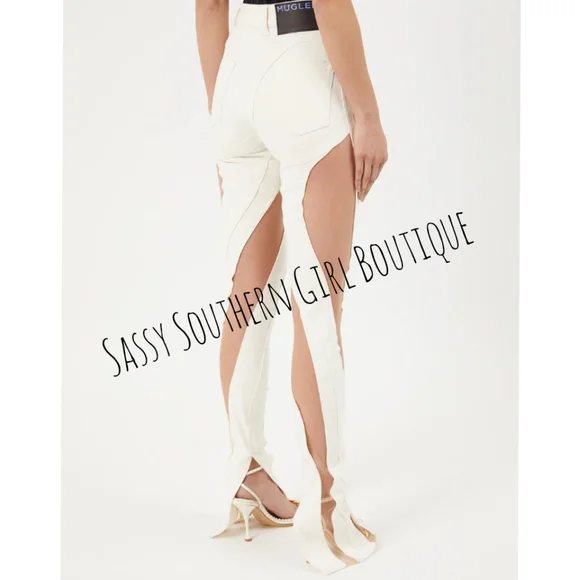 ⭐🆕MUGLER jeans ivory tan sheer panel mesh jeans